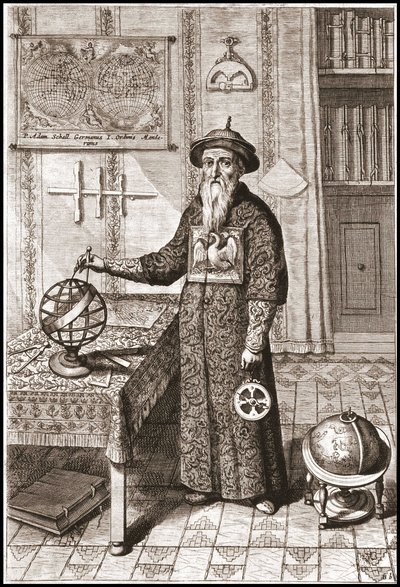 एडम शॉल, खगोलशास्त्री (1592-1666) मंदारिन पोशाक में, स्थलीय और आकाशीय ग्लोब और एस्ट्रोलैब के साथ - "चीन" में अथानसे किरचर (या अथानासियस किरचेरी) द्वारा द्वारा अज्ञात कलाकार