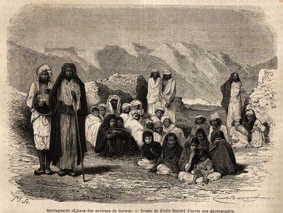 सरवर के पास अफगान मॉन्टैग्नार्ड्स। एडौर्ड चार्टन के निर्देशन में "ले टूर डू मोंडे, नोव्यू जर्नल डेस वॉयेजेस" में प्रकाशित, 1866 में गिलौम लेजेन की कहानी, पंजाब और कश्मीर की यात्रा को चित्रित करने के लिए उत्कीर्णन द्वारा अज्ञात कलाकार