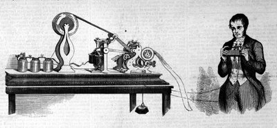 अमेरिकी आविष्कारक सैमुअल फिनले ब्रीज़ मोर्स (1791-1872) अपने टेलीग्राफ के बगल में प्रतिनिधित्व करते हैं। 19वीं सदी की नक्काशी द्वारा अज्ञात कलाकार