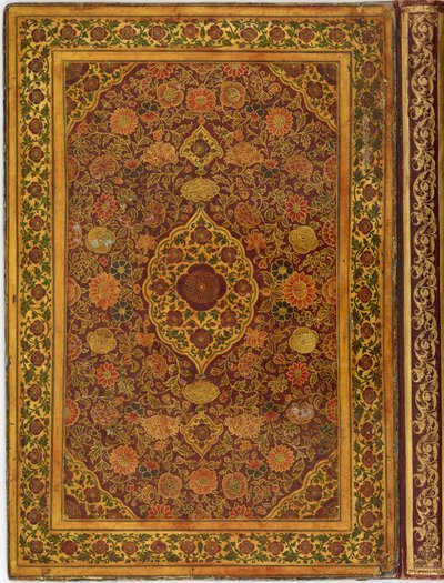 चित्रित चमड़े के कवर में बंधा एक एल्बम, जिसमें पेंटिंग और सुलेख शामिल हैं द्वारा अज्ञात कलाकार