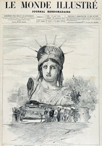 1878 विश्व प्रदर्शनी में: मिस्टर बार्थोल्डी द्वारा स्टैच्यू ऑफ़ लिबर्टी का प्रमुख, पोर्ट ऑफ़ न्यूयॉर्क के लिए नियत - 13/07/1878 के ""द इलस्ट्रेटेड वर्ल्ड" में द्वारा अज्ञात कलाकार