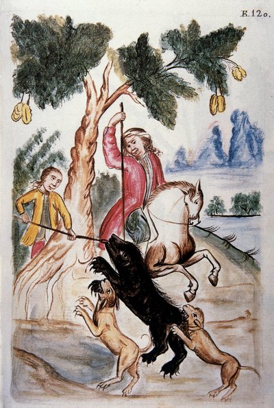 ट्रुजिलो के बिशप (1782-1785) बाल्टाज़ार मार्टिनेज कॉम्पैनोन वाई बुजांडा द्वारा "ट्रूजिलो डेल पेरू" या "कोडिस मार्टिनेज कॉम्पैनोन" पुस्तक से भालू का शिकार। द्वारा अज्ञात कलाकार