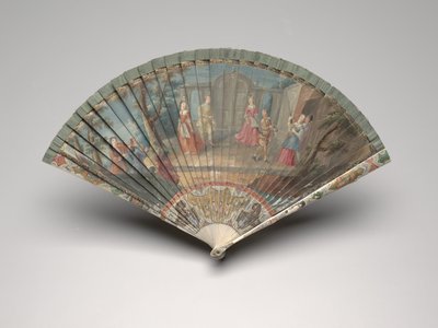 कॉमेडी-इटालिएन के एक दृश्य के साथ ब्रिस फैन, c.1700-25 (हाथीदांत या हड्डी के ब्लेड, रेशम रिबन, गिल्डिंग, मदर-ऑफ-पर्ल और ब्रास पर गौचे) द्वारा अज्ञात कलाकार
