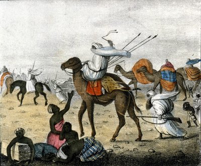 एक तूफान के दौरान मोरक्को में रेगिस्तान में कारवां। द्वारा अज्ञात कलाकार