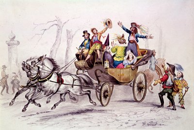 कार्निवल। फेटार्ड एक गाड़ी पर भेष बदलते हैं। 1846 से उत्कीर्णन। पेरिस, कार्निवल संग्रहालय द्वारा अज्ञात कलाकार