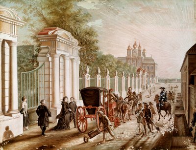 कैथरीन II या कैथरीन अलेक्सेवना (1729-1782) ने 1762 में इम्पीरेटर का ताज पहनाए जाने से पहले पीटरहॉफ पैलेस छोड़ दिया। 18 वीं शताब्दी के अंत से लिथोग्राफ। सेंट पीटर्सबर्ग। शैटो डी पीटरहॉफ़ द्वारा अज्ञात कलाकार