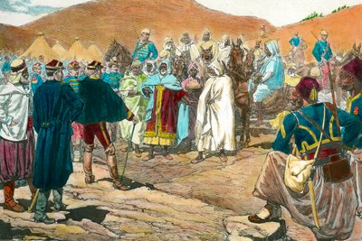 उपनिवेशवाद: ट्यूनीशियाई आदिवासी नेता संसद में आते हैं। 19वीं सदी के निजी संग्रह की नक्काशी द्वारा अज्ञात कलाकार