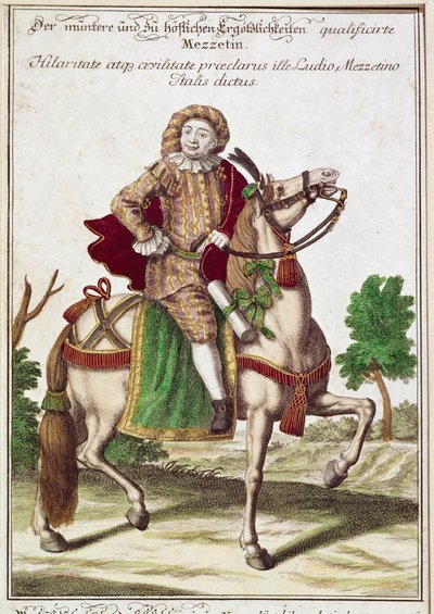 Commedia dell'arte: मेज़ेटिनो के चरित्र का प्रतिनिधित्व, इतालवी कॉमेडी के ज़ान्नी (वैलेट) में से एक। 18वीं सदी के थिएटर संग्रहालय, म्यूनिख की नक्काशी द्वारा अज्ञात कलाकार
