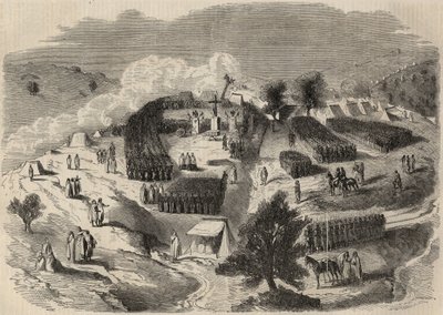 Conquete de Algerie: 1857 में ग्रेट काबिलिया के लिए अभियान, सॉक-अल-अरबा (सूक एल अरबा) में फोर्ट नेपोलियन का पहला पत्थर बिछाना। 1857 से "ले मोंडे शानदार" में उत्कीर्णन। निजी संग्रह। द्वारा अज्ञात कलाकार