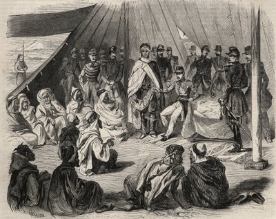 अल्जीरिया की विजय: १८५७ में ग्रेट काबिलिया के लिए अभियान। फ्रांसीसी सेना द्वारा बेनी-रटेन (बेनी रेटन) की कबाइल जनजाति की अधीनता। 1857 से "ले मोंडे शानदार" में उत्कीर्णन। निजी संग्रह। द्वारा अज्ञात कलाकार