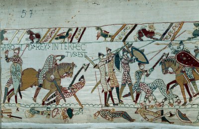 1066 में ड्यूक ऑफ नॉर्मंडी विलियम द कॉन्क्वेरेंट (1027-1087) द्वारा इंग्लैंड की विजय: हेस्टिंग्स की लड़ाई में आंख में एक तीर से राजा हेरोल्ड द्वितीय की मौत बेयॉक्स के टेपेस्ट्री या रानी मैथिल्डे की कढ़ाई का विवरण द्वारा अज्ञात कलाकार