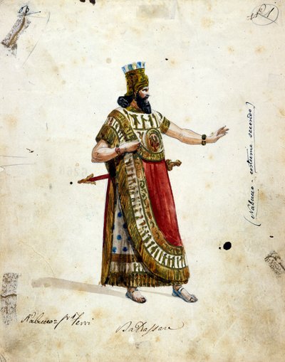 ग्यूसेप वर्डी (1813 - 1901) के ओपेरा में बाबुल के राजा नबूकदनेस्सर की पोशाक, "" नबूको """ जिसे पहले "नाबुकोडोनोसर"" कहा जाता था। मुसी डे ला स्काला द्वारा अज्ञात कलाकार