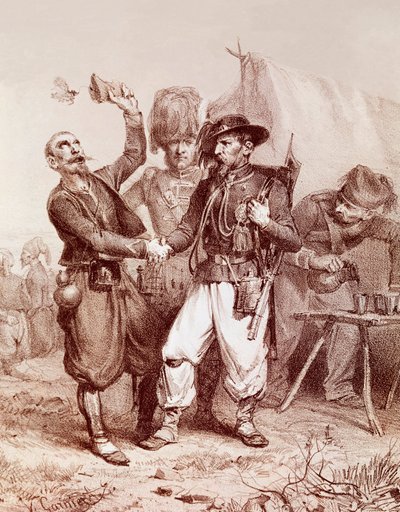 क्रीमियन युद्ध (1853-1856): रूस के खिलाफ फ्रांस, सार्डिनिया साम्राज्य और इंग्लैंड के बीच गठबंधन का रूपक। 1854 द्वारा अज्ञात कलाकार