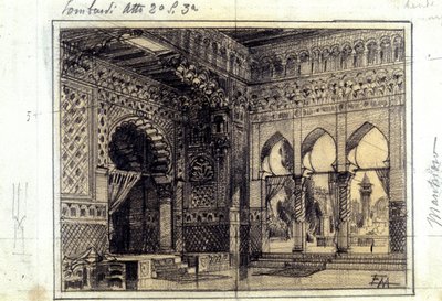 1843 में ग्यूसेप वर्डी (1813 - 1901) द्वारा रचित ओपेरा "आई लोम्बार्डी" या "द लोम्बार्ड्स एट द फर्स्ट क्रूसेड" के एक्ट II के दृश्य 3 की सजावट के लिए ड्राइंग। द्वारा अज्ञात कलाकार