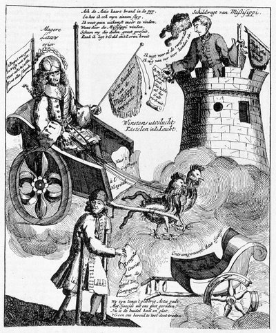 मिसिसिपी मामले पर जॉन लॉ (1671-1729) के खिलाफ डच व्यंग्य प्रिंट द्वारा अज्ञात कलाकार