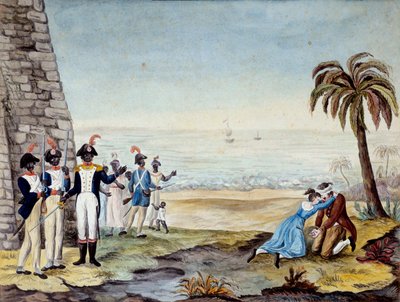 एक बसने वाले का निष्पादन: 1791 में सैंटो डोमिंगो (मध्य अमेरिका, एंटिल्स) में विद्रोह के दौरान एक बसने वाले का निष्पादन। 18 वीं शताब्दी का उत्कीर्णन। चार्ट्रेस, ललित कला संग्रहालय द्वारा अज्ञात कलाकार