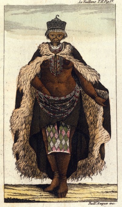 दक्षिण अफ़्रीकी जनजाति हॉटनटॉट्स की महिला सदस्य, 1820 की उत्कीर्णन। द्वारा अज्ञात कलाकार