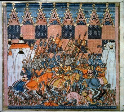 पहला धर्मयुद्ध: 1099 में गोडेफ्रॉय डी बोउलॉन (1058-1100) के नेतृत्व में क्रॉसिंग द्वारा यरूशलेम की घेराबंदी और कब्जा। "क्रॉनिकल्स डी'ओवरसीज" से लघु 14 वीं शताब्दी पेरिस, बीएन द्वारा अज्ञात कलाकार