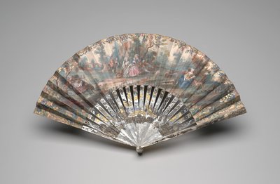 एक देहाती दृश्य के साथ तह पंखा, c.1740-60 (डबल पेपर लीफ पर गौचे, मदर-ऑफ-पर्ल, गिल्डिंग और पेस्ट मणि) द्वारा अज्ञात कलाकार