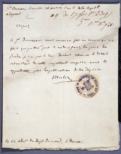 फ्रांसीसी क्रांति: 26/02/1793 को एक हस्तलिखित पत्र दिनांक 26/02/1793 को जनरल डुमौरिज द्वारा 24 फरवरी को हॉलैंड के ब्रेडा शहर पर कब्जा करने के लिए मर्लिन के नाम से लिखा गया था। नॉर्ड लिली के विभागीय अभिलेखागार द्वारा अज्ञात कलाकार