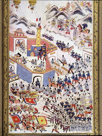 अगस्त 1884 में टोंकिन में हांग होआ के कब्जे में फ्रांसीसी बंदी गुब्बारे। द्वारा अज्ञात कलाकार
