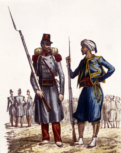 फ्रांसीसी सैन्य वर्दी: बाईं ओर, एक विदेशी सेना का गठन किया गया और 1831 में अल्जीरिया भेजा गया। दाईं ओर, स्वदेशी सवारों को प्रशिक्षित किया गया और 1841 में अल्जीरिया भेजा गया। L'Algerie ancienne et Moderne par Leon Galibert में द्वारा अज्ञात कलाकार