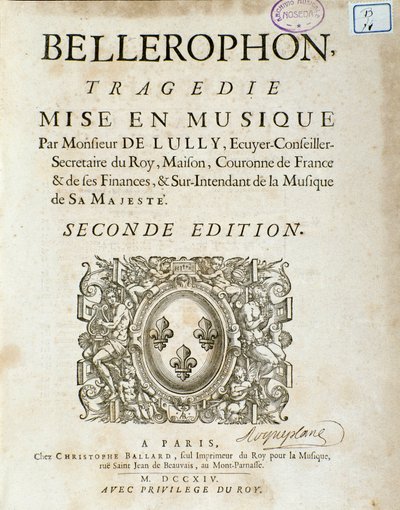 जीन बैप्टिस्ट लुली (जियोवन्नी बतिस्ता लुल्ली) (जीन-बैप्टिस्ट) (1632-1687) द्वारा प्रस्तावना के साथ पांच कृत्यों में "" बेलेरोफ़ोन "" लिरिक त्रासदी का फ्रंटिसपीस। 1714. द्वारा अज्ञात कलाकार