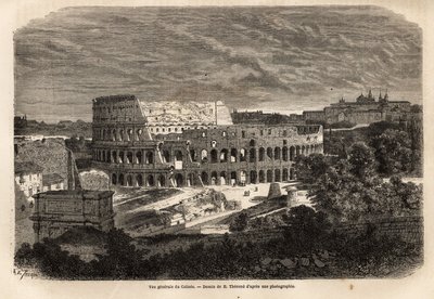 कोलिसी का सामान्य दृश्य, रोम में, फ्लेवियन एम्फीथिएटर 80 में पूरा हुआ, सम्राट टाइटस के शासनकाल में, 75,000 लोगों को समायोजित किया गया, यह 6 वीं शताब्दी तक सेवा में रहा, रोमन फोरम के पूर्व में स्थित इम्पीरियल रोम का प्रतीक, यह है द्वारा अज्ञात कलाकार