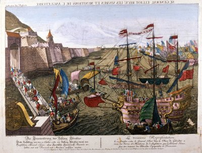 जिब्राल्टर की भव्य घेराबंदी 1779-1783 (स्पेन ने जिब्राल्टर को फिर से हासिल करने का प्रयास किया जब स्पेन ने फ्रांस के साथ अपने गठबंधन के हिस्से के रूप में यूनाइटेड किंगडम पर युद्ध की घोषणा की): 11 अक्टूबर को द्वारा अज्ञात कलाकार