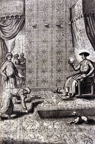 ग्रैंड मुगल (मोगोल या मुगल) (शायद औरंगजेब (1618-1707), जिसे आलमगीर भी कहा जाता है): सिंहासन हॉल। अथानासियस किरचर (1601 - 1680), जेसुइट, ओरिएंटलिस्ट और जर्मन विद्वान, एम्स्टर्डम 1667 द्वारा "डी चाइना स्मारक"। द्वारा अज्ञात कलाकार