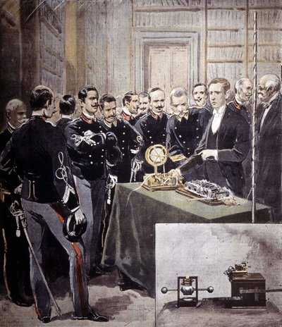 गुग्लिल्मो मार्कोनी ने 1897 में नौसेना मंत्रालय में एक सम्मेलन में वायरलेस टेलीग्राफ (TSF) प्रस्तुत किया। द्वारा अज्ञात कलाकार