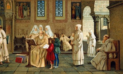 Guido d'Arezzo (Gui or Guy d'Arezzo), इतालवी बेनेडिक्टिन, संगीत सिद्धांतकार (990-1050) संगीत सिखा रहे हैं। 19वीं सदी के अंत का चित्रण। द्वारा अज्ञात कलाकार