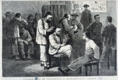 कैलिफ़ोर्निया के चीनी समुदाय में हेयर सैलून - उत्कीर्णन द्वारा अज्ञात कलाकार