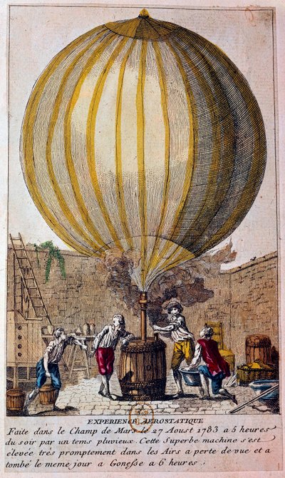गुब्बारों का इतिहास: 27/08/1783 को पेरिस में चैंप डे मार्स में किया गया एरोस्टैटिक अनुभव: जैक्स चार्ल्स (1746-1823) द्वारा गुब्बारे को हाइड्रोजन गैस से भरा गया है। 18वीं सदी के पेरिस की नक्काशी, बीएन द्वारा अज्ञात कलाकार