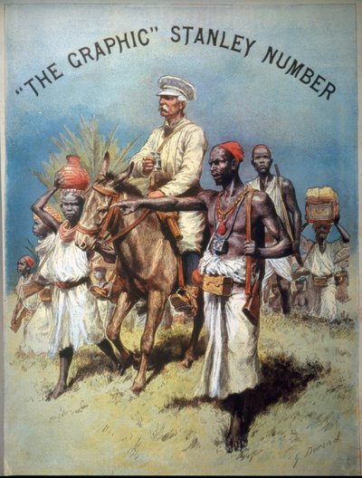 अपने एक अभियान के दौरान अन्वेषक और पत्रकार हेनरी मॉर्टन स्टेनली (1841-1904) का चित्रण करते हुए चित्रण। क्रोमोलिथोग्राफी। द्वारा अज्ञात कलाकार