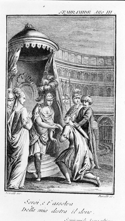 सेमिरामिस का चित्रण, एंटोनियो सालियरी द्वारा ओपेरा (1750 - 1825)। पियरे मेटास्टेस (या पिएत्रो मेटास्टेसियो) द्वारा पुस्तिका। अधिनियम III, अंतिम दृश्य। द्वारा अज्ञात कलाकार