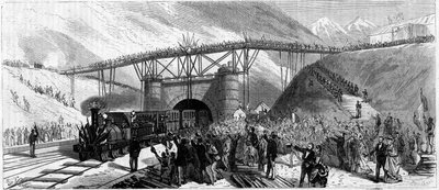 1871 में मोंट कैनिस (मोंटे सेनिसियो) की सुरंग का उद्घाटन। ट्रेन के आगमन से बार्डोननेचे (बार्डोनचिया) को आमंत्रित किया जाता है। द्वारा अज्ञात कलाकार