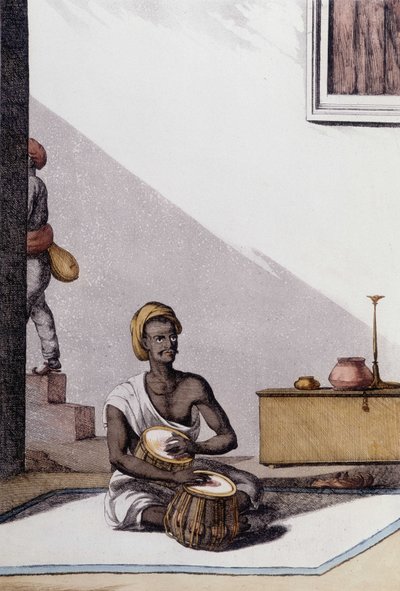 भारतीय संस्कृति और सभ्यता: तबला बजाने वाले संगीतकार, पारंपरिक संगीत वाद्ययंत्र, भारत। उत्कीर्णन 1808। द्वारा अज्ञात कलाकार