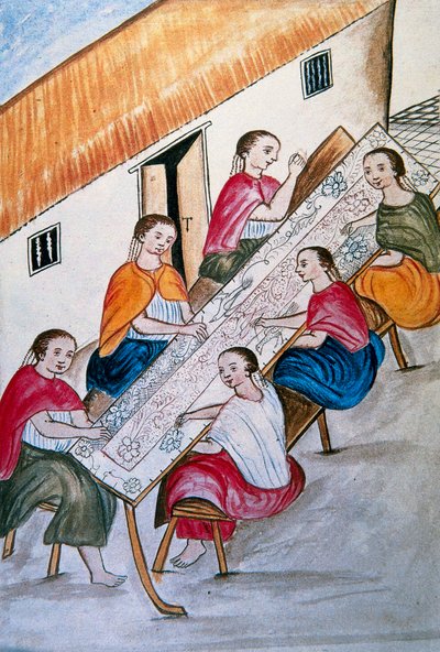 ट्रुजिलो के बिशप (1782-1785) बाल्टाज़ार मार्टिनेज कॉम्पैनोन वाई बुजांडा द्वारा "ट्रूजिलो डेल पेरू" या "कोडिस मार्टिनेज कॉम्पैनोन" पुस्तक से सिलाई करते हुए भारतीय श्रमिक द्वारा अज्ञात कलाकार