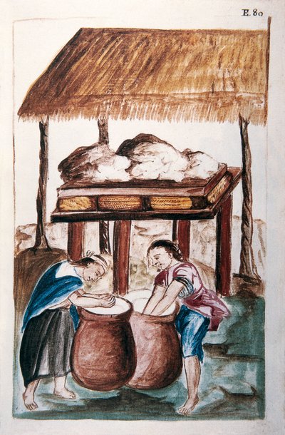 ट्रुजिलो के बिशप (1782-1785) बाल्टाजार मार्टिनेज कॉम्पैनोन वाई बुजांडा द्वारा "ट्रूजिलो डेल पेरू" या "कोडिस मार्टिनेज कॉम्पैनोन" पुस्तक से पनीर बनाते हुए भारतीय द्वारा अज्ञात कलाकार