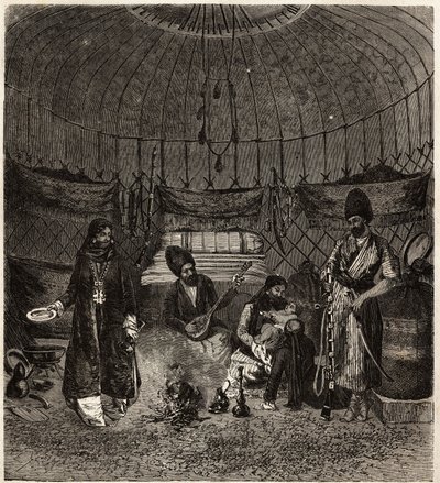 एक तुर्की तम्बू (तुर्कमेना, इराक) के अंदर, एक परिवार के घर, एक बरछी (संगीतकार, कहानीकार) के साथ दुतारे के साथ कविता गाने या सुनाने के लिए, ये कलाकार बहुत पकड़े जाते हैं। हेनरी डी ब्लाकविले की कहानी को चित्रित करने के लिए उत्कीर्णन "14 मोइस डे कैप्टि द्वारा अज्ञात कलाकार
