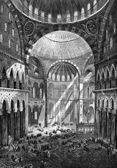 1858 में कॉन्स्टेंटिनोपल में सेंट सोफिया (हागिया सोफिया) (6 वीं शताब्दी की बीजान्टिन कला) की मस्जिद का आंतरिक दृश्य। द्वारा अज्ञात कलाकार