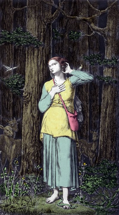 जोन ऑफ आर्क ने उसकी सेलेस्टिक आवाजें सुनीं: महादूत सेंट माइकल, सेंट कैथरीन और सेंट मार्गारीटा ने उसे राजा की मदद के लिए फ्रांस जाने का आदेश दिया और उसे आश्वासन दिया कि भगवान उसकी मदद करेगा। 19 वीं सदी। द्वारा अज्ञात कलाकार