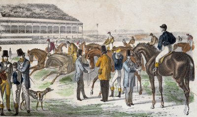 दौड़ से पहले जॉकी और उनके घोड़े - उत्कीर्णन, c. 1850 द्वारा अज्ञात कलाकार