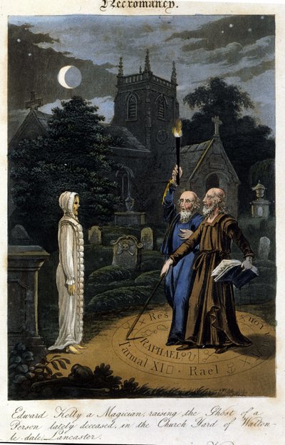 जॉन डी और एडवर्ड केली एक आत्मा को बुलाते हैं। 1825. बाइबिल। मोरांडो, मिलानो द्वारा अज्ञात कलाकार