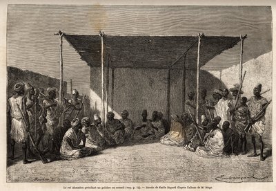 राजा अहमदौ सेगौ सिकोरो (माली) में एक परिषद या टौकोउलेर साम्राज्य की अध्यक्षता करते हुए, बुद्धिमान लोग बैठते हैं और योद्धा सेट करते हैं, राजा अपने हाथों में एक मुस्लिम माला रखता है। लेफ्टिनेंट (नौसेना) एम . के पश्चिमी सूडान की यात्रा को चित्रित करने के लिए  द्वारा अज्ञात कलाकार
