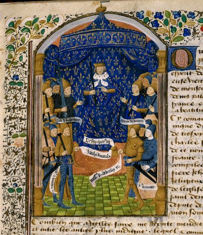 फ्रांस के राजा चार्ल्स सप्तम (1403-1461) और उनका दरबार। दाईं ओर: जीन डी'ऑरलियन्स या जीन कॉम्टे डी डुनोइस को ऑरलियन्स के बेसर्ड (1402-1468), पियरे डी ब्रेज़ (1465 में मृत्यु हो गई), जोन ऑफ आर्क (1412-1431) के रूप में जाना जाता है। वामपंथी: ब्रिटनी के आर द्वारा अज्ञात कलाकार