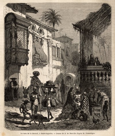 सेंट ऑगस्टीन में ला कासा डे ला मर्सिड (अब मर्सी स्ट्रीट), संयुक्त राज्य अमेरिका (संयुक्त राज्य अमेरिका) का सबसे पुराना शहर, जिसकी स्थापना 1565 में स्पेनियों द्वारा की गई थी; शहर की मुख्य सड़क, छोटी और आबादी वाला, विभिन्न जानवरों के साथ और विभिन्न अमेरिकी t द्वारा अज्ञात कलाकार