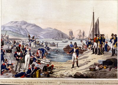 1815 में एंटिबीज़ में नेपोलियन प्रथम का अवतरण। 19वीं शताब्दी में उत्कीर्णन। द्वारा अज्ञात कलाकार