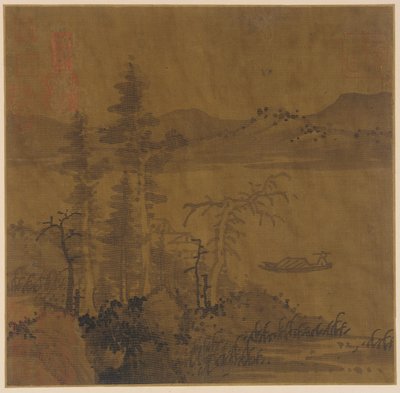 परिदृश्य: नदी और नाव, ऊंचे पेड़ और दूर की पहाड़ियाँ द्वारा अज्ञात कलाकार